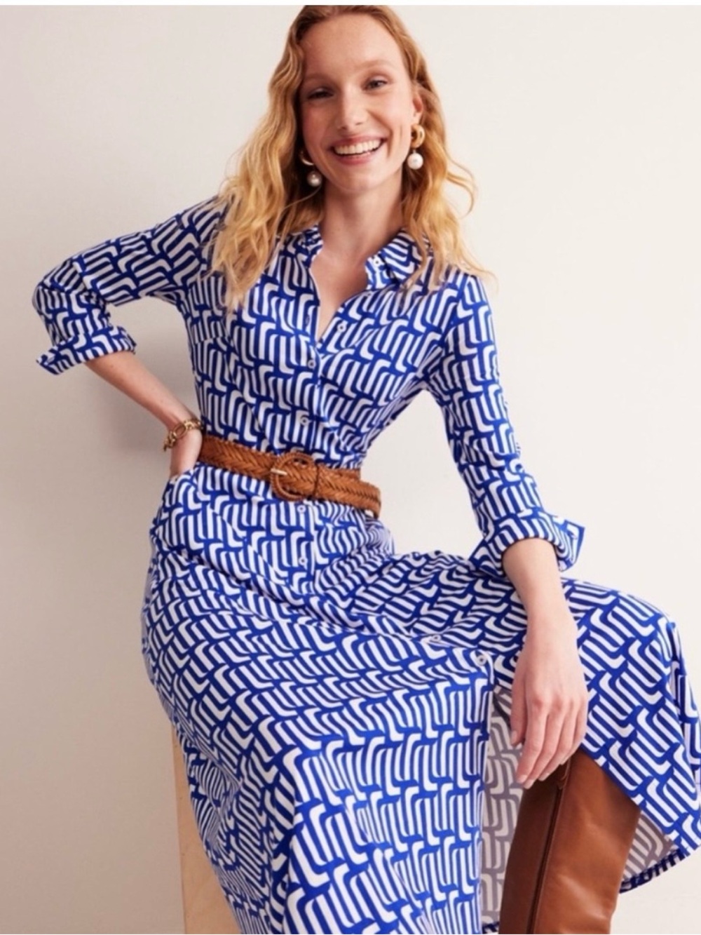 Boden Marcia Jersey Midi Shirt Dress Blue White Geometric Belted US 4R UK 8R - Picture 2 of 12